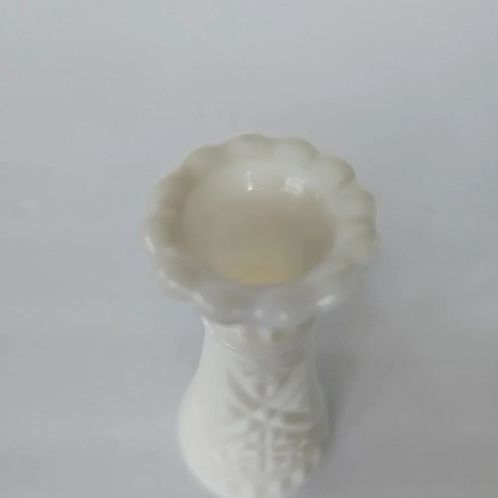 Vintage Milk Glass Bud Vase Star Diamond Pattern Scalloped Rim Mid Century Decor